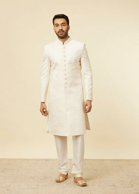 alt message - Manyavar Men Warm White Self-designed Sherwani Set image number 2